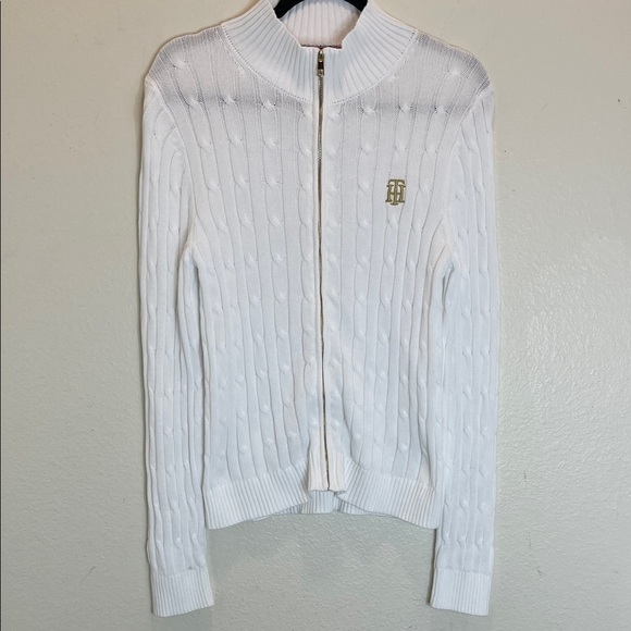 Tommy Hilfiger White Mockneck Zip-Up Cable Knit Cardigan Size: L - Picture 3 of 12